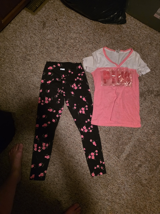 PINK Victoria's Secret Pants - PINK Victoria's Secret Black Leggings with Pink Floral & Pink Logo Tee
